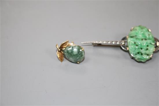 A 9ct white metal and carved oval jade plaque set bar brooch and a pair of 14k and simulated jade earrings,